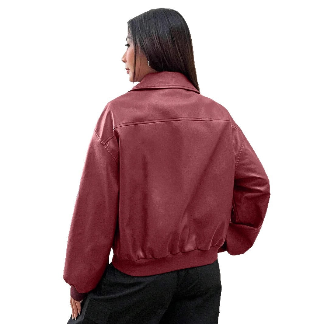 Women's Oversized Faux Leather Bomber Jacket with Pointed Collar and Zip Closure - Image 5