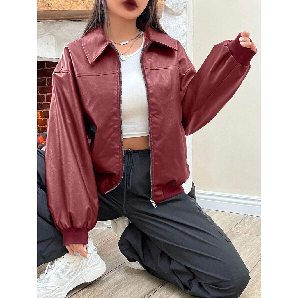 Women's Oversized Faux Leather Bomber Jacket with Pointed Collar and Zip Closure - Image 6