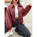 Women's Oversized Faux Leather Bomber Jacket with Pointed Collar and Zip Closure - Image 6