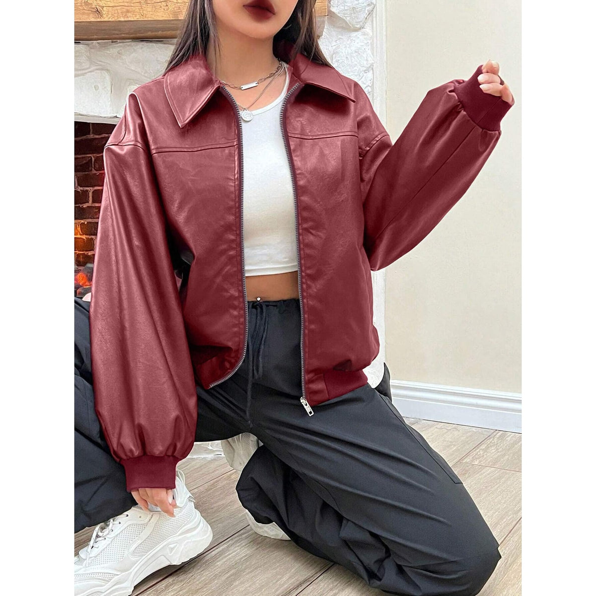 Women's Oversized Faux Leather Bomber Jacket with Pointed Collar and Zip Closure - Image 6