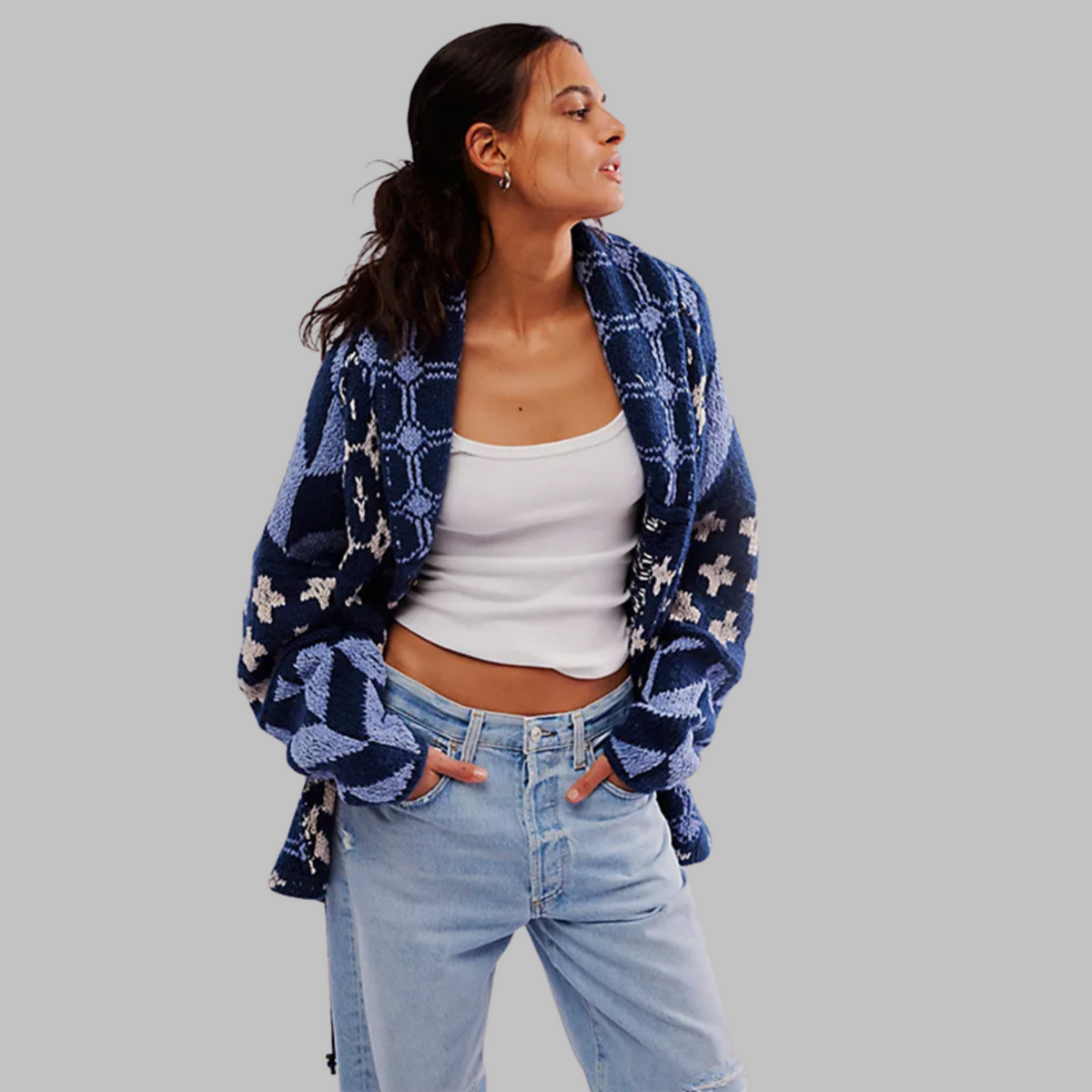 Women's Oversized Long Cardigan Sweater with Button-Down Collar and Knit Fabric - Image 7