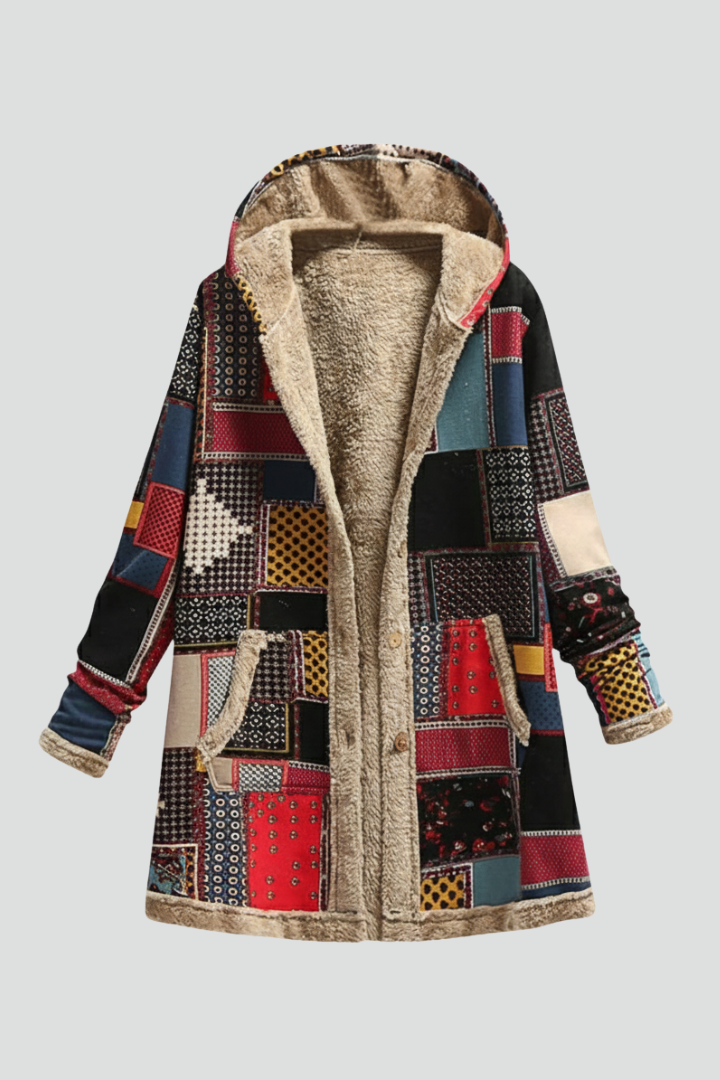 Women's Patchwork Fleece Coat with Sherpa Lining and Hood - Image 1