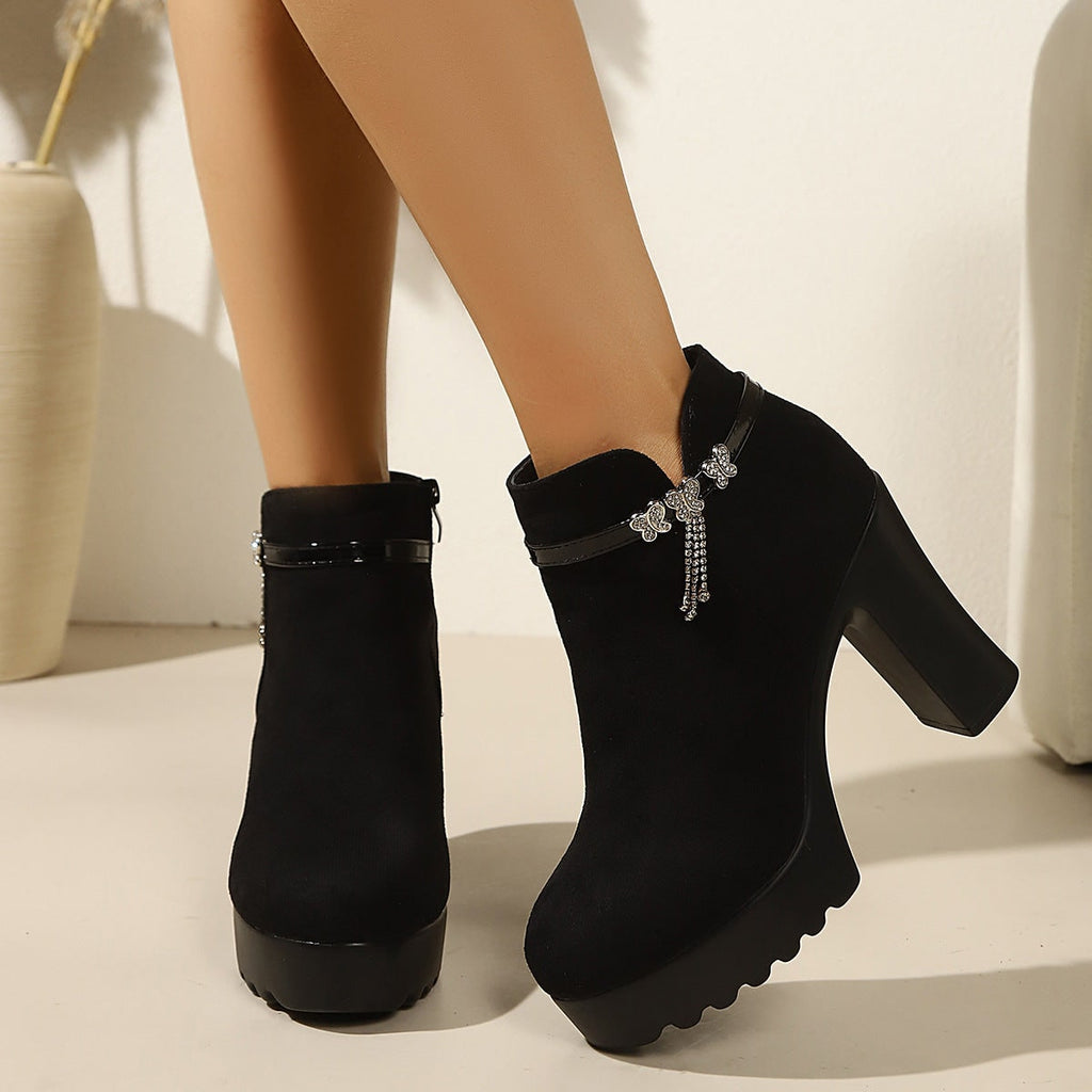 Women's Platform Ankle Boots with Chunky Block Heel and Rhinestone Embellishments - Image 2