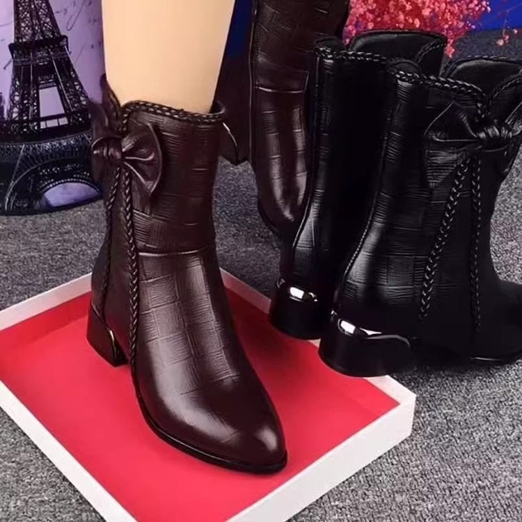 Women's Pointed Toe Ankle Boots with Block Heel and Bow Detail - Image 2