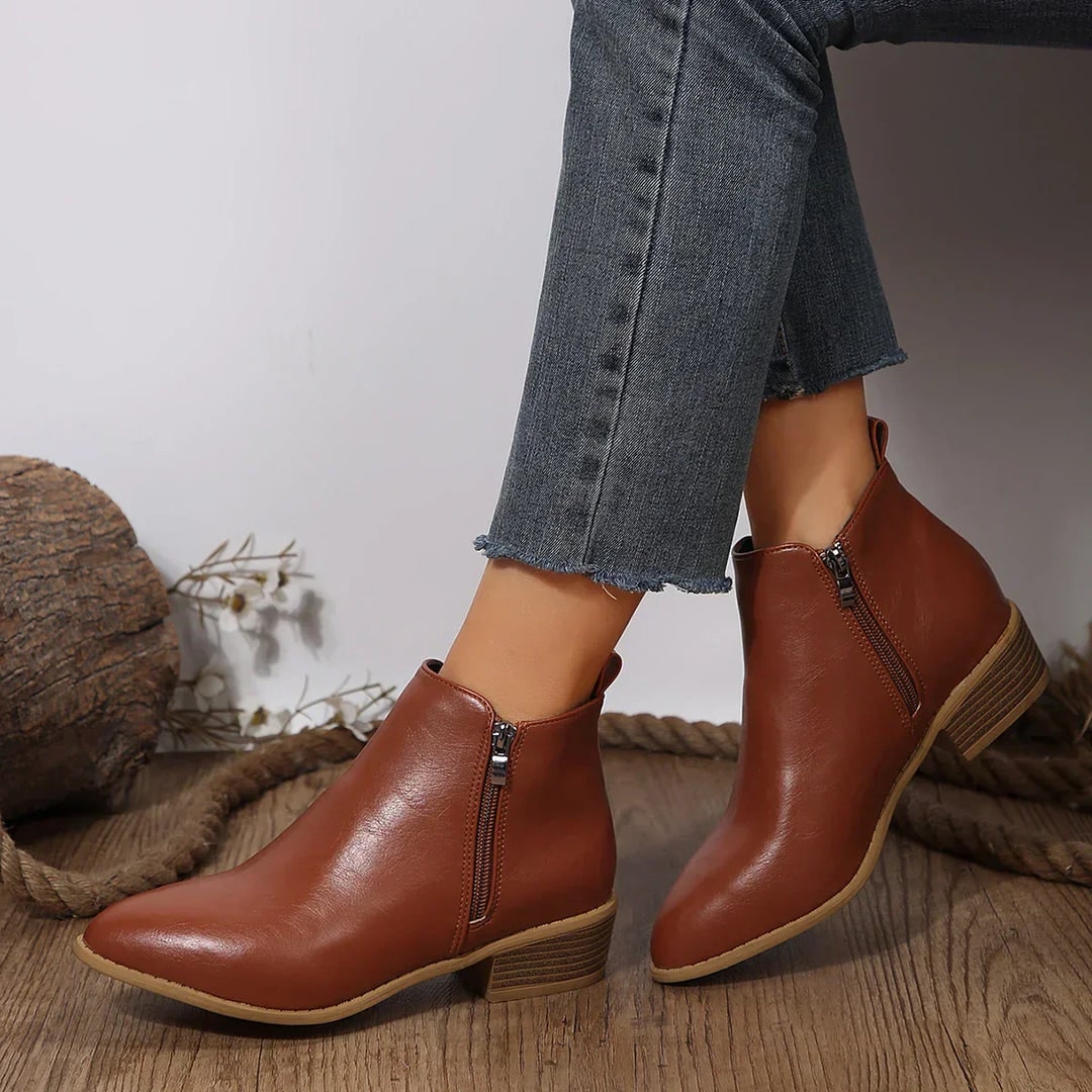 Women's Pointed Toe Ankle Boots with Side Zipper and Block Heel - Image 4