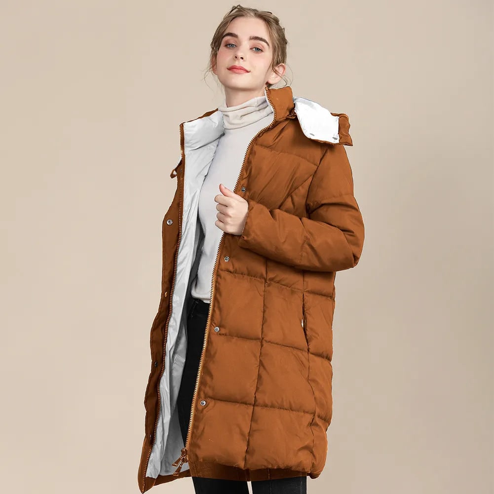 Women's Puffer Coat Hooded Quilted Long with Grid Stitching and Storm Flap - Image 1
