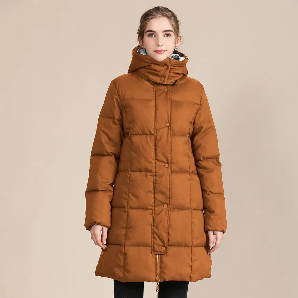 Women's Puffer Coat Hooded Quilted Long with Grid Stitching and Storm Flap - Image 2