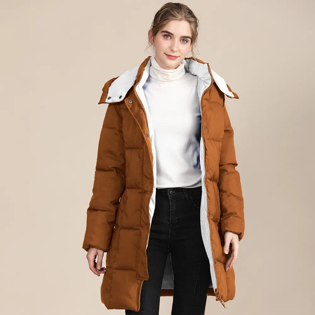 Women's Puffer Coat Hooded Quilted Long with Grid Stitching and Storm Flap - Image 3
