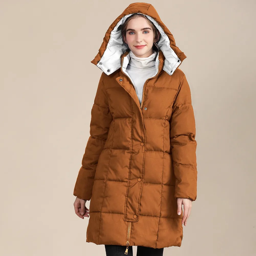 Women's Puffer Coat Hooded Quilted Long with Grid Stitching and Storm Flap - Image 4