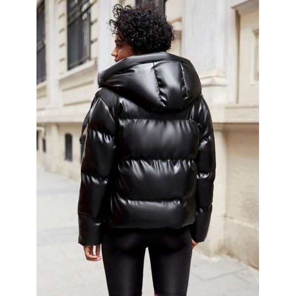 Women's Puffer Jacket Packable Hooded Oversized with Faux Leather - Image 2