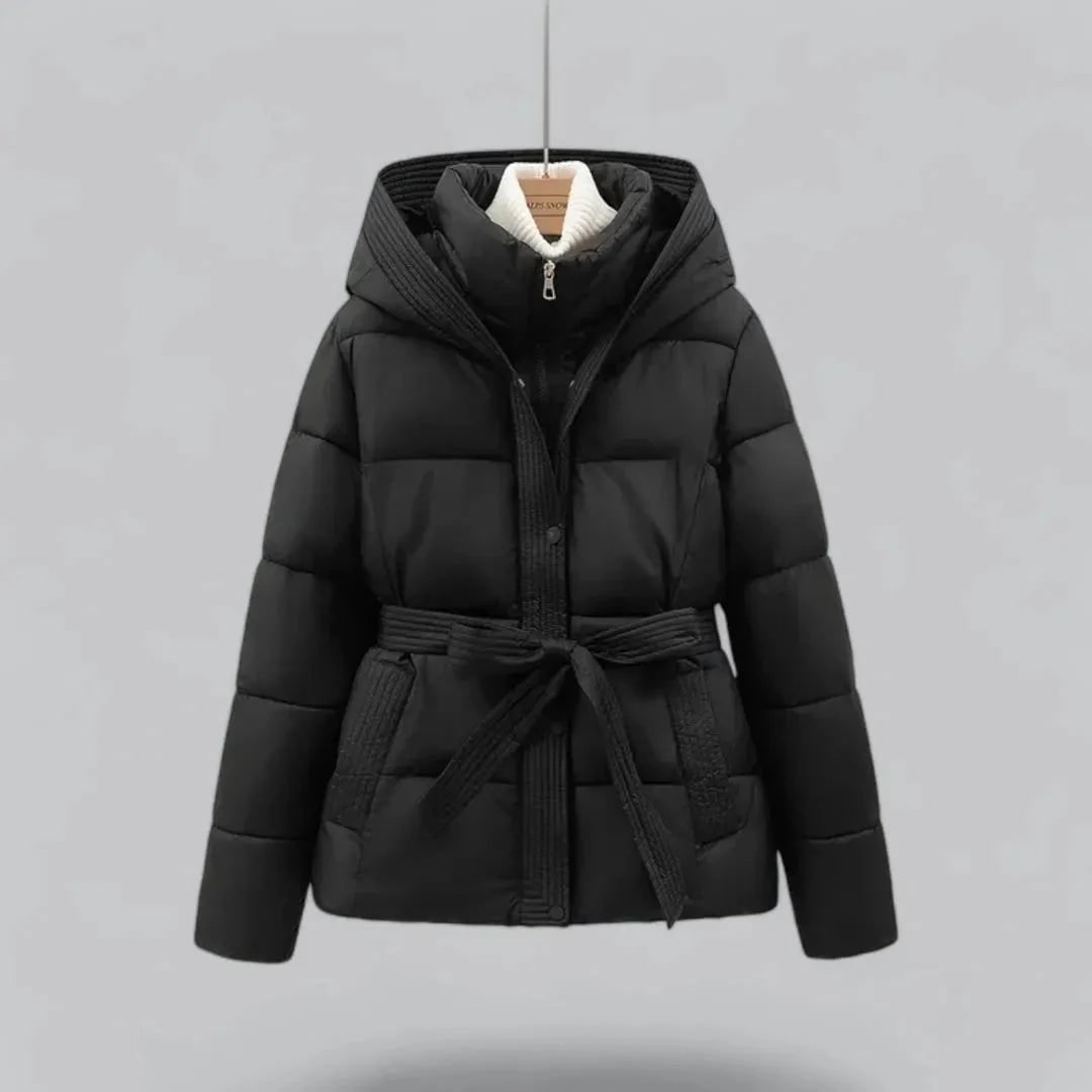 Women's Puffer Jacket with Quilted Leather Bomber Silhouette and Tie Waist Hood - Image 1