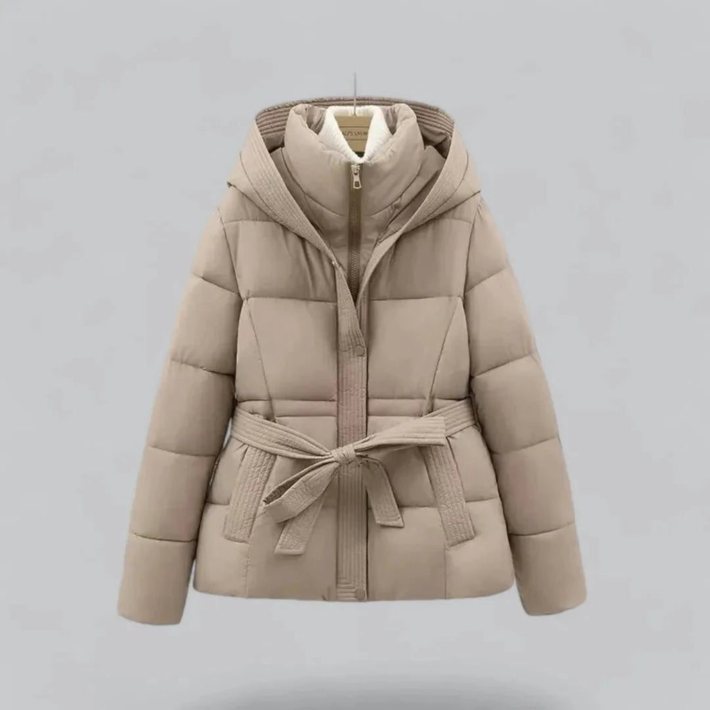 Women's Puffer Jacket with Quilted Leather Bomber Silhouette and Tie Waist Hood - Image 3