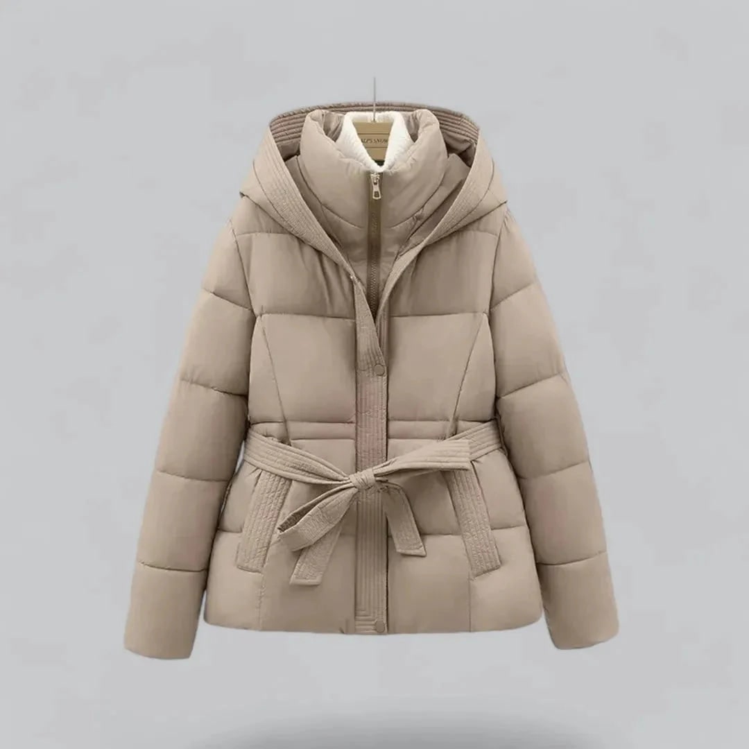 Women's Puffer Jacket with Quilted Leather Bomber Silhouette and Tie Waist Hood - Image 3