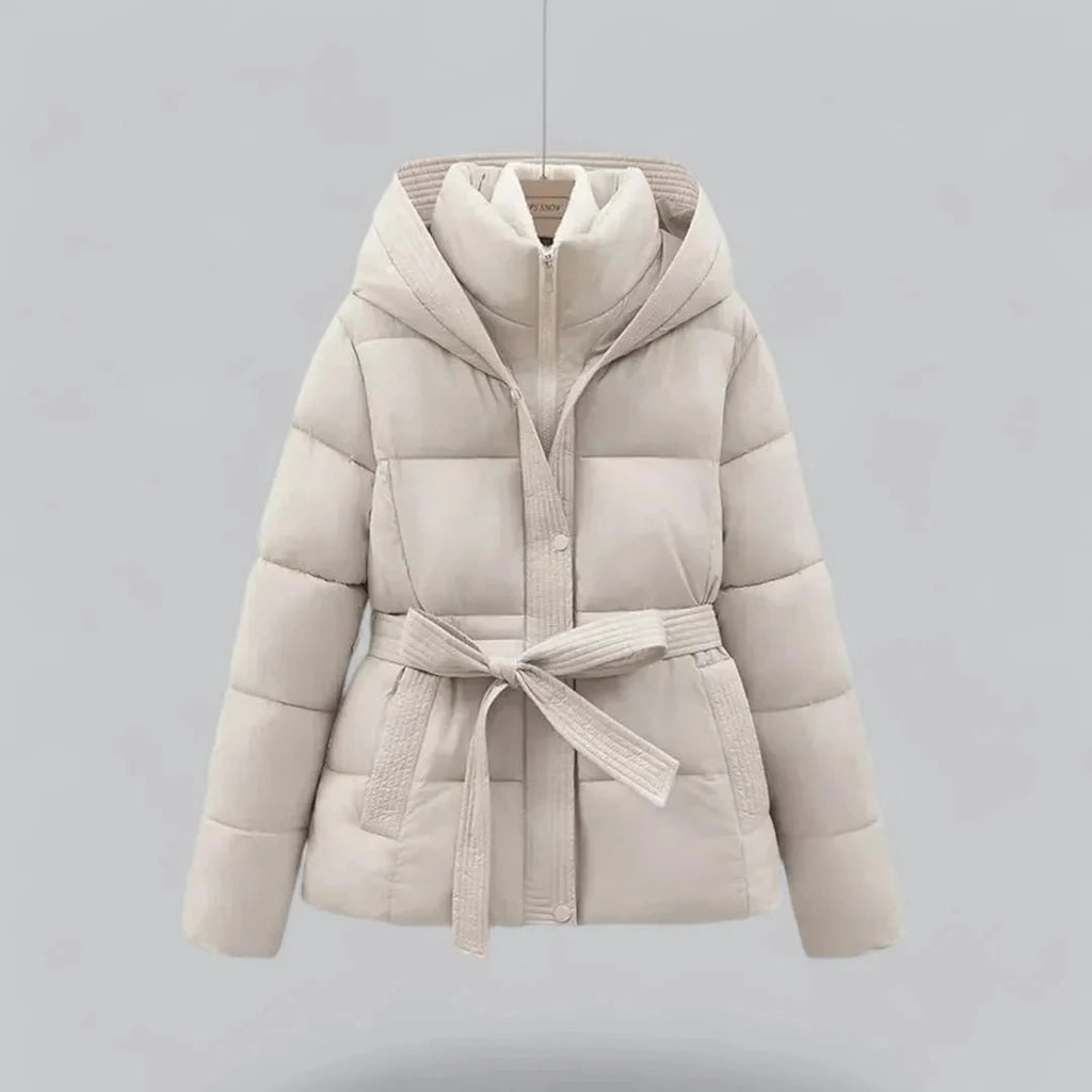 Women's Puffer Jacket with Quilted Leather Bomber Silhouette and Tie Waist Hood - Image 4