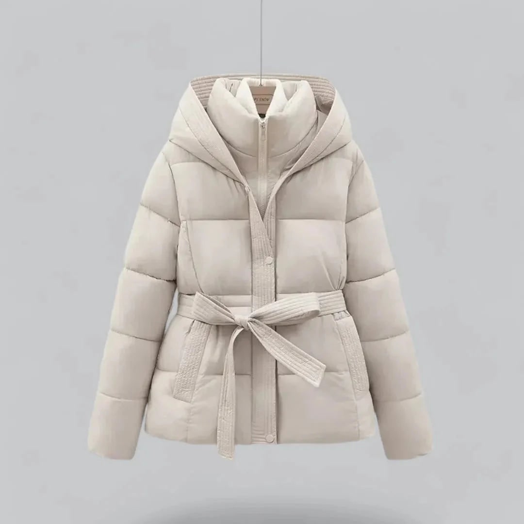Women's Puffer Jacket with Quilted Leather Bomber Silhouette and Tie Waist Hood - Image 4