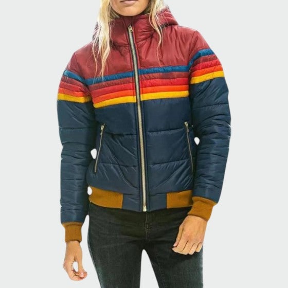 Women's Puffer Jacket with Retro Rainbow Stripe Hooded Design and Waterproof Shell - Image 1