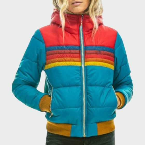 Women's Puffer Jacket with Retro Rainbow Stripe Hooded Design and Waterproof Shell - Image 2