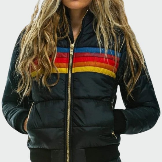 Women's Puffer Jacket with Retro Rainbow Stripe Hooded Design and Waterproof Shell - Image 3