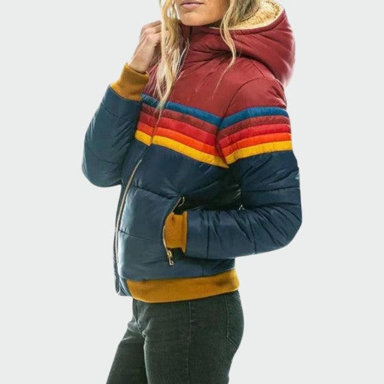 Women's Puffer Jacket with Retro Rainbow Stripe Hooded Design and Waterproof Shell - Image 4