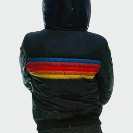 Women's Puffer Jacket with Retro Rainbow Stripe Hooded Design and Waterproof Shell - Image 5