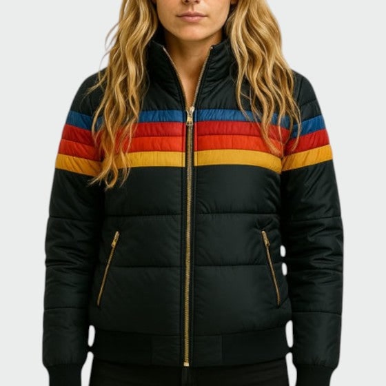 Women's Puffer Jacket with Retro Rainbow Stripe Hooded Design and Waterproof Shell - Image 6