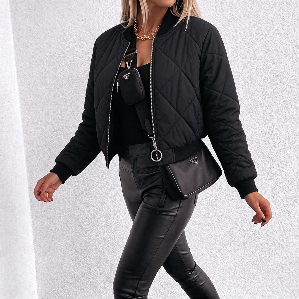 Women's Quilted Bomber Puffer Jacket Cropped with Diamond Quilt and Ribbed Trim - Image 3
