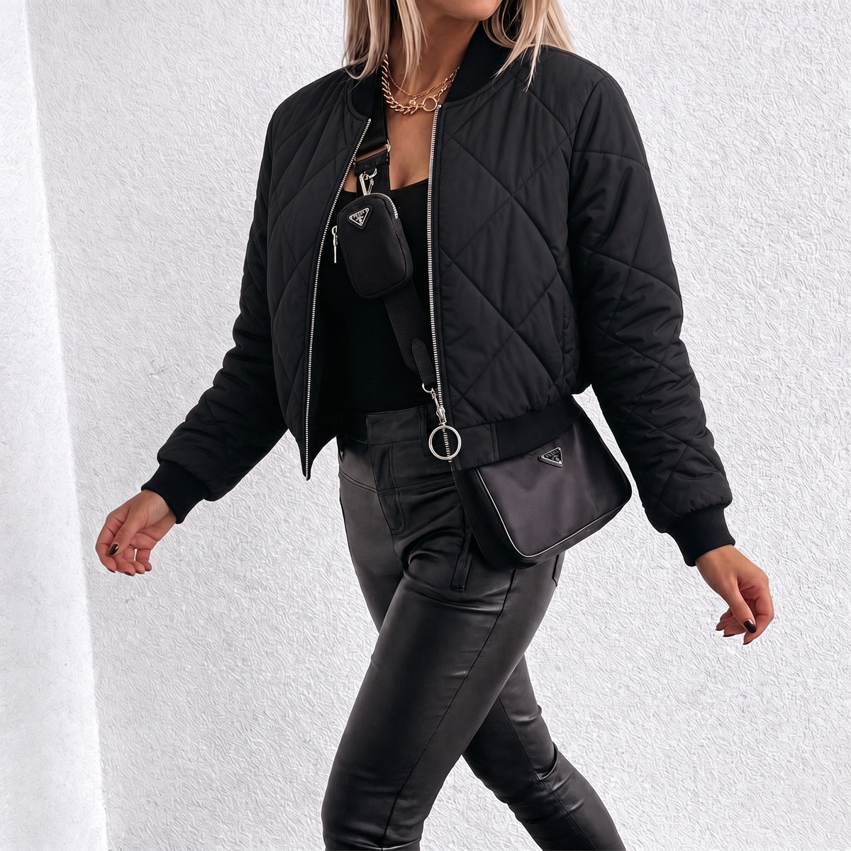 Women's Quilted Bomber Puffer Jacket Cropped with Diamond Quilt and Ribbed Trim - Image 3