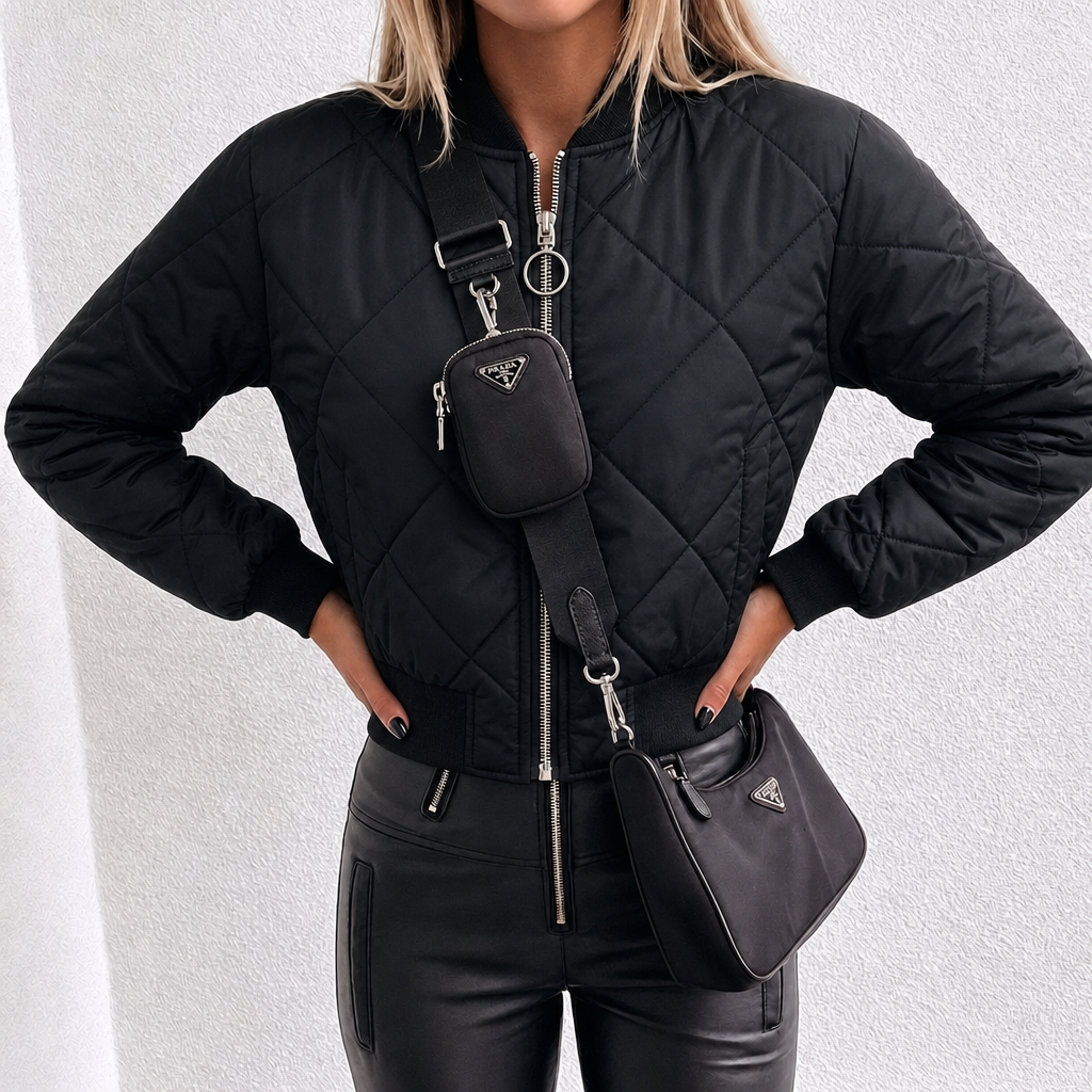 Women's Quilted Bomber Puffer Jacket Cropped with Diamond Quilt and Ribbed Trim - Image 4