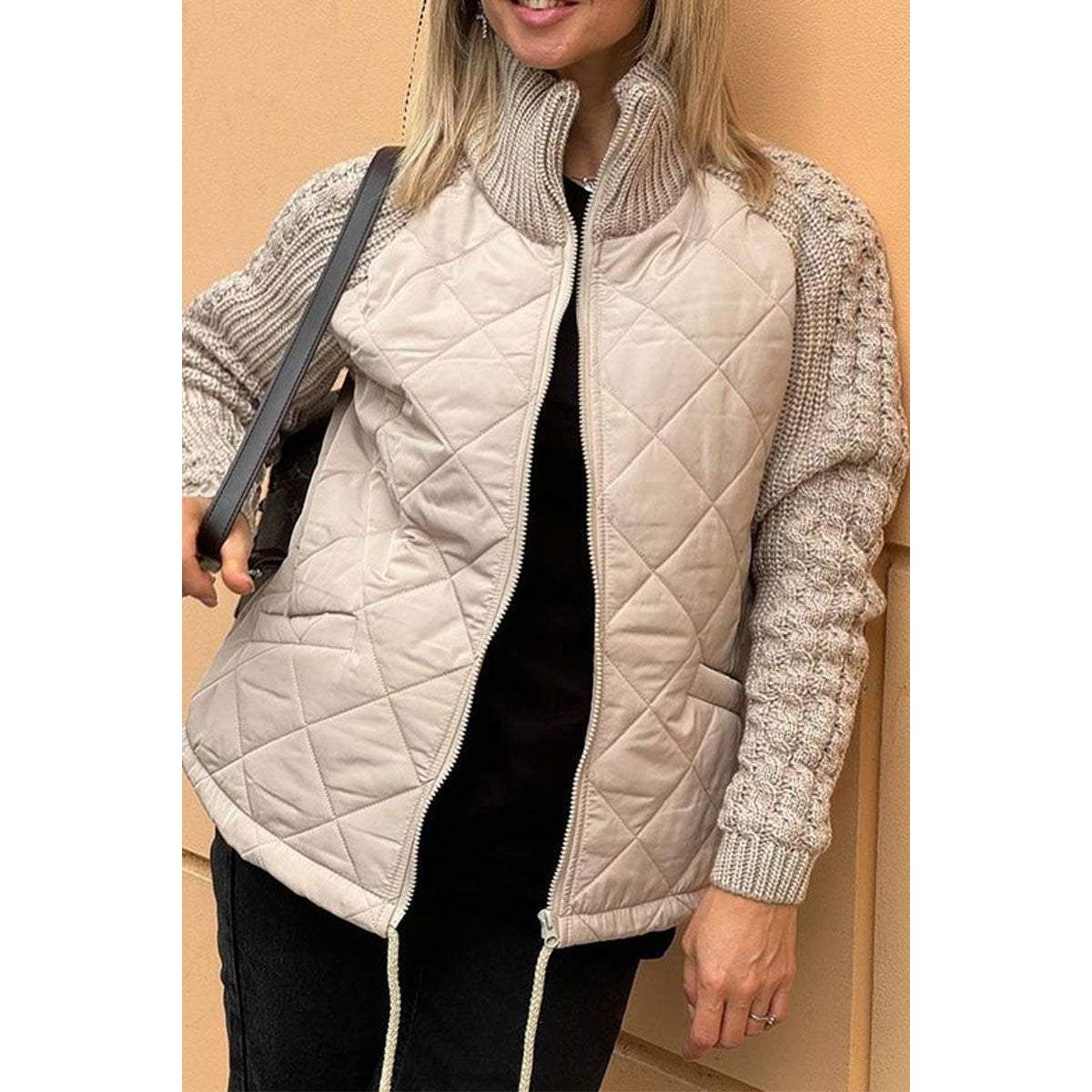 Women's Quilted Jacket with Diamond Body and Cable Knit Sleeves - Image 1