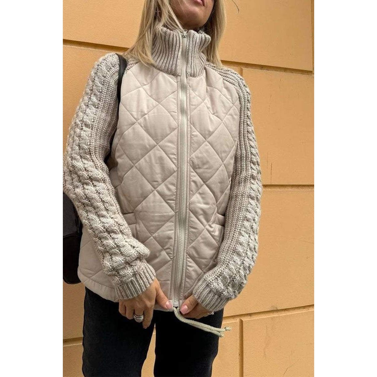 Women's Quilted Jacket with Diamond Body and Cable Knit Sleeves - Image 2