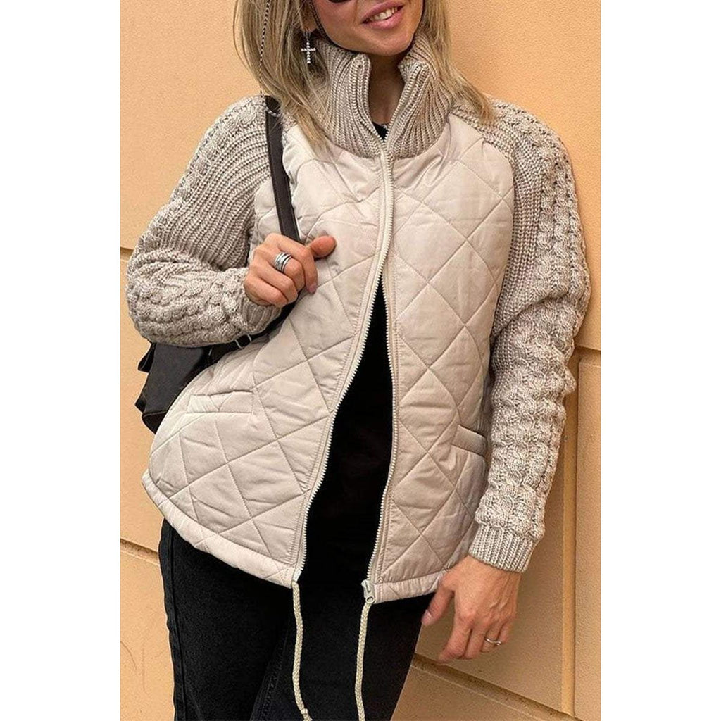 Women's Quilted Jacket with Diamond Body and Cable Knit Sleeves - Image 3