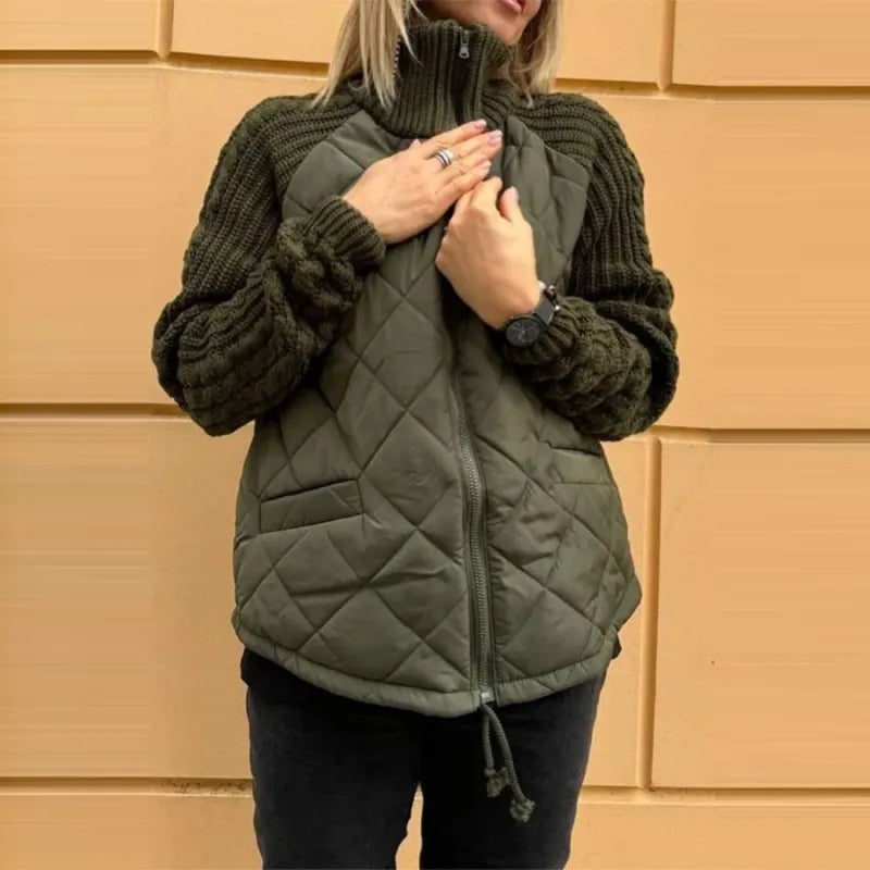Women's Quilted Jacket with Diamond Body and Cable Knit Sleeves - Image 4