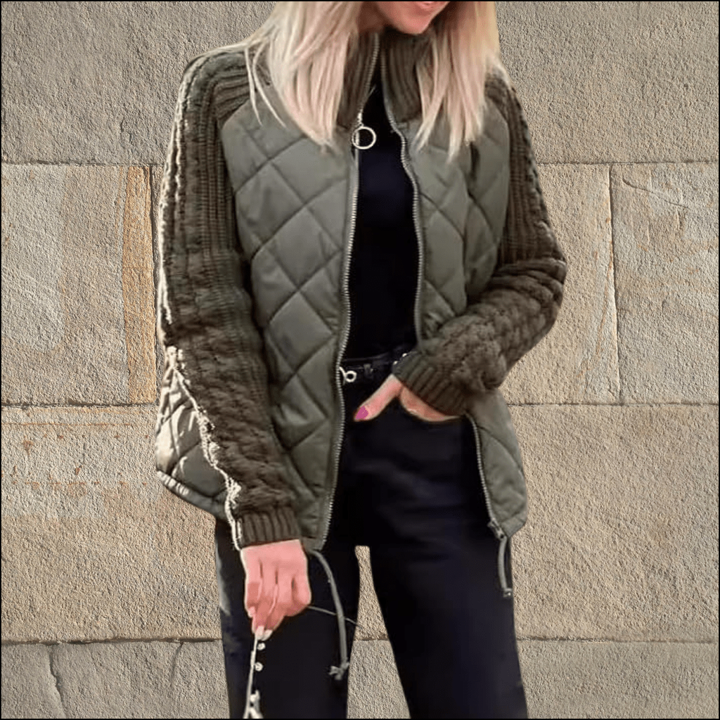 Women's Quilted Jacket with Diamond Body and Cable Knit Sleeves - Image 5