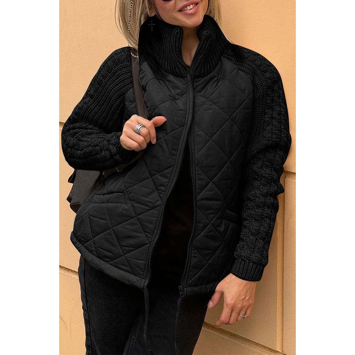 Women's Quilted Jacket with Diamond Body and Cable Knit Sleeves - Image 6