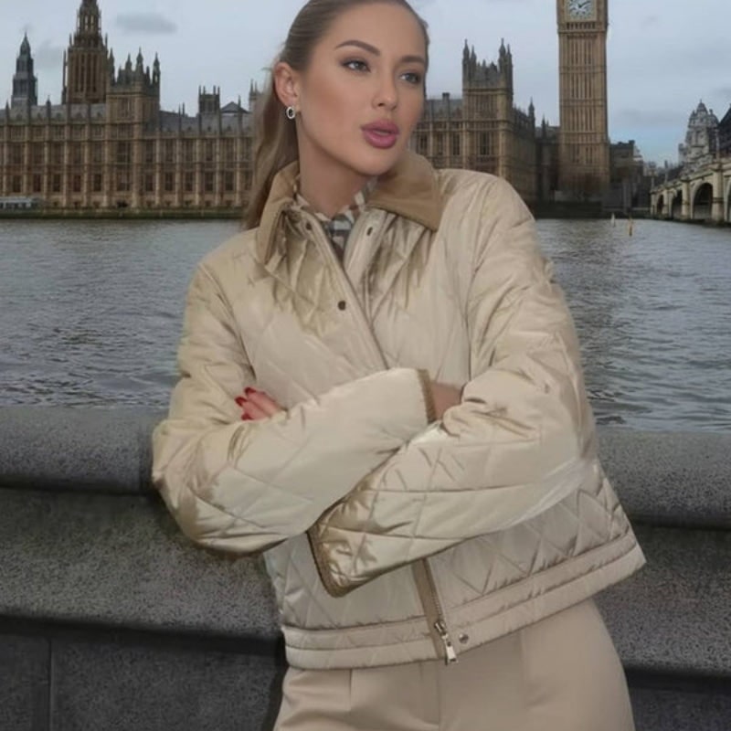 Women's Quilted Jacket with Diamond Pattern and Corduroy Collar - Image 3