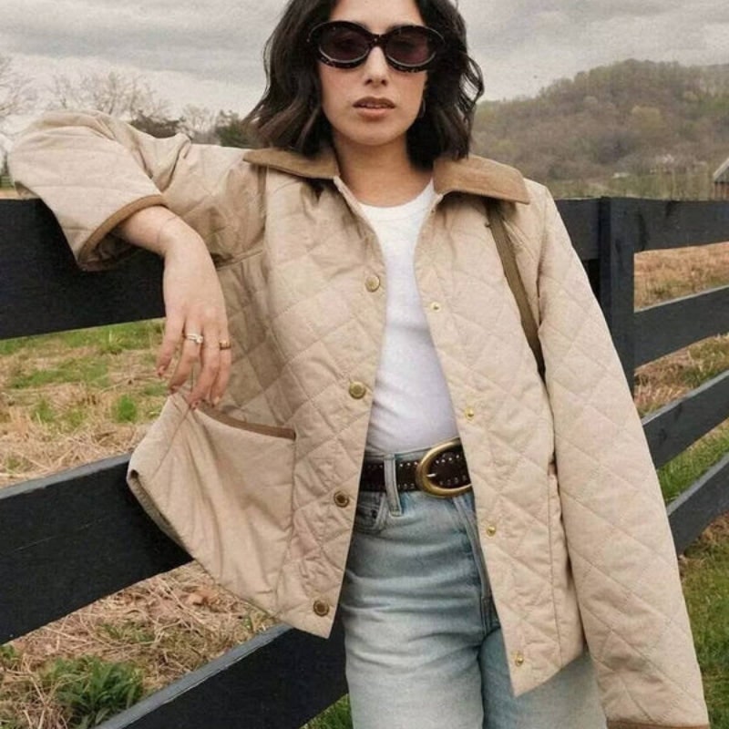 Women's Quilted Jacket with Diamond Pattern and Corduroy Collar - Image 7