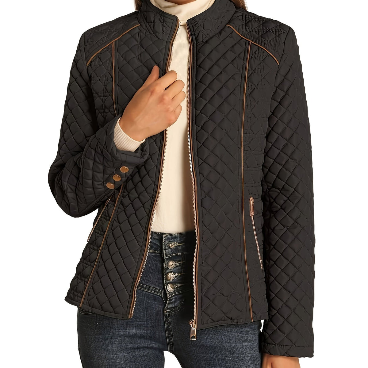 Women's Quilted Jacket with Diamond Quilting Stand Collar and Contrast Piping - Image 1