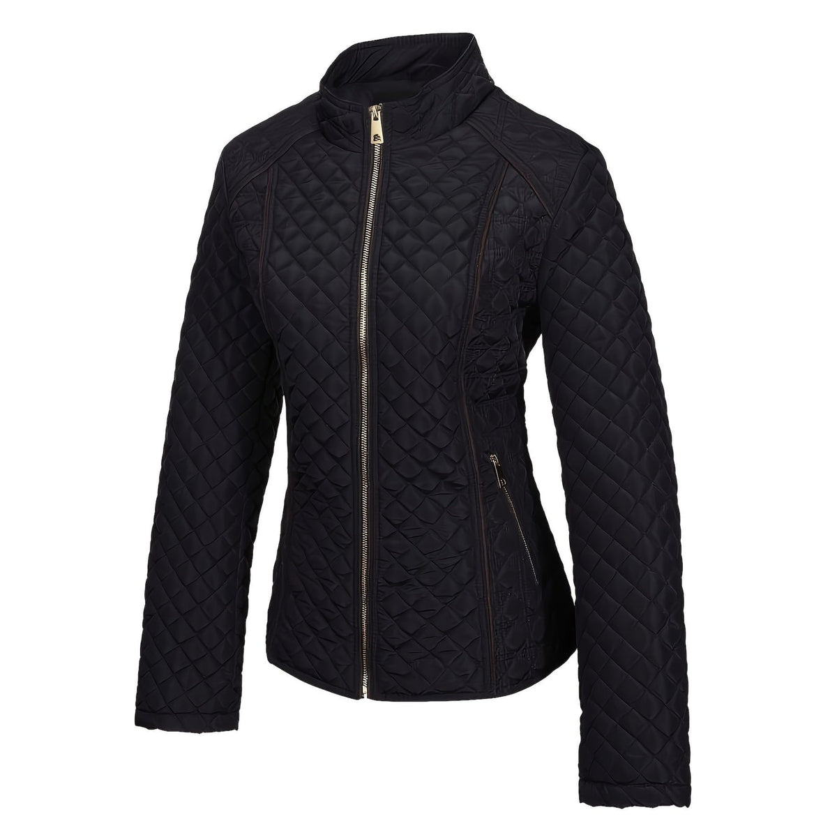 Women's Quilted Jacket with Diamond Quilting Stand Collar and Contrast Piping - Image 3