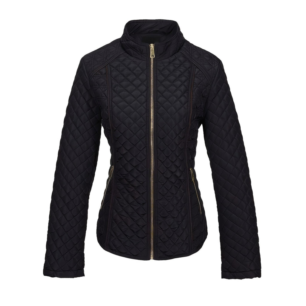 Women's Quilted Jacket with Diamond Quilting Stand Collar and Contrast Piping - Image 4