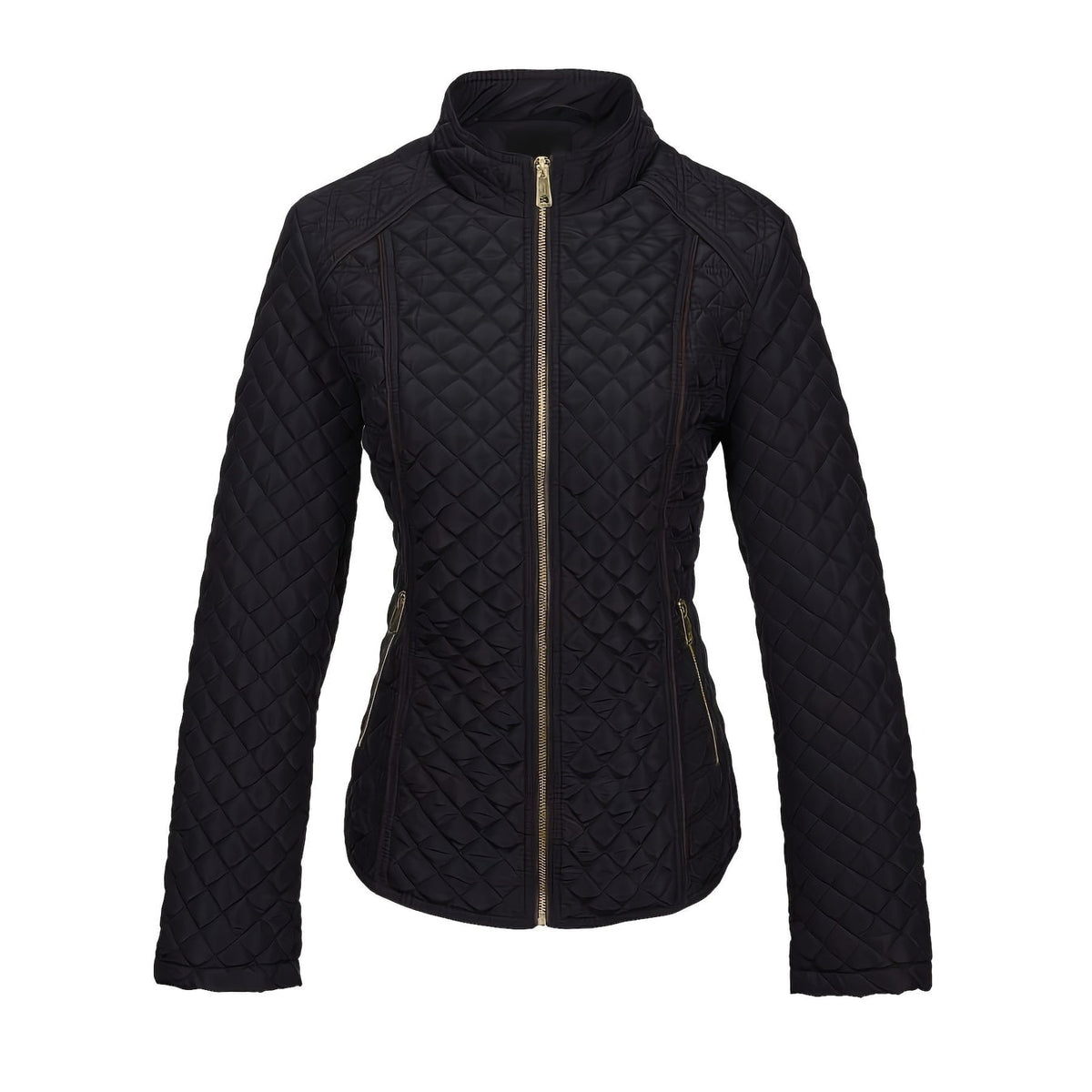 Women's Quilted Jacket with Diamond Quilting Stand Collar and Contrast Piping - Image 4