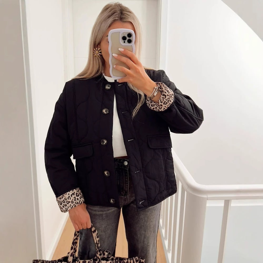 Women's Quilted Jacket with Leopard Print Lining and Onion Quilt - Image 3