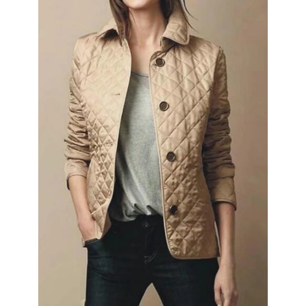 Women's Quilted Jacket with Turned-Down Collar and Plaid Lining - Image 5