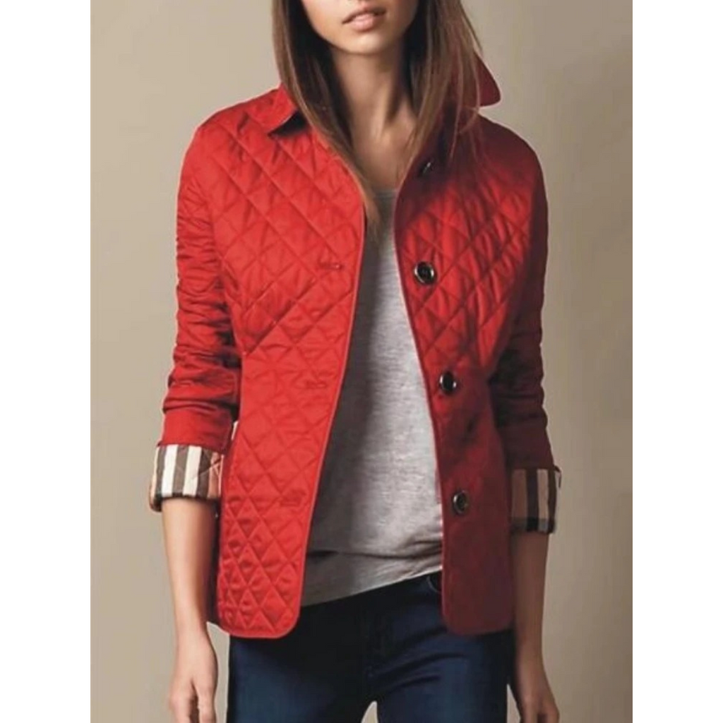 Women's Quilted Jacket with Turned-Down Collar and Plaid Lining - Image 6