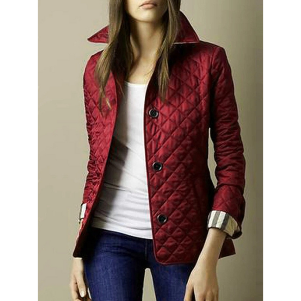 Women's Quilted Jacket with Turned-Down Collar and Plaid Lining - Image 8