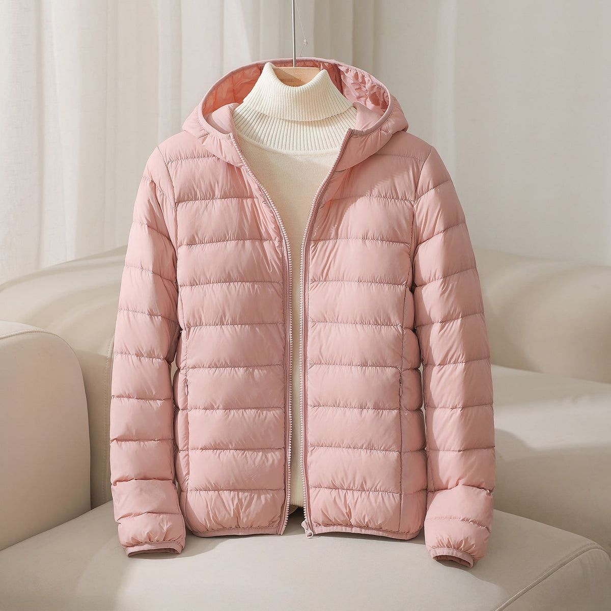 Women's Quilted Puffer Jacket with Hood and Zip Closure - Image 3