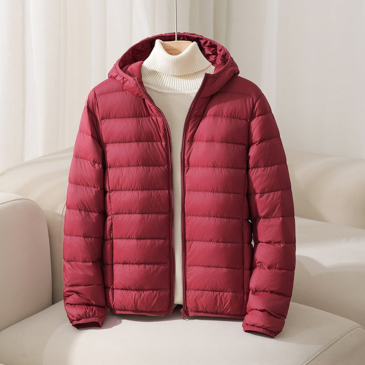 Women's Quilted Puffer Jacket with Hood and Zip Closure - Image 4