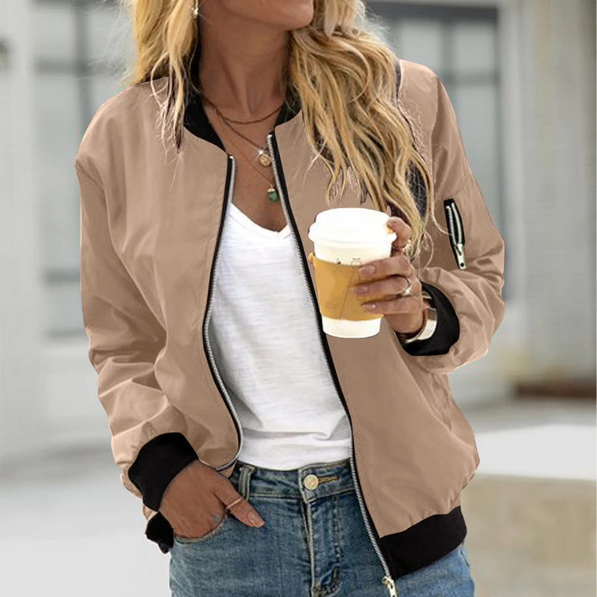 Women's Satin Bomber Jacket with Ribbed Trim and Zippered Sleeve Pocket - Image 3
