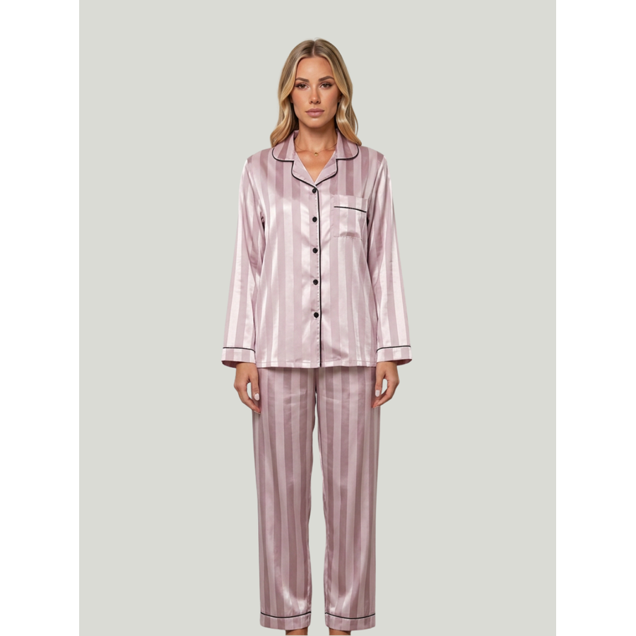 Women's Satin Pajama Set Long Sleeve with Striped Button-Down and Notched Lapel - Image 1