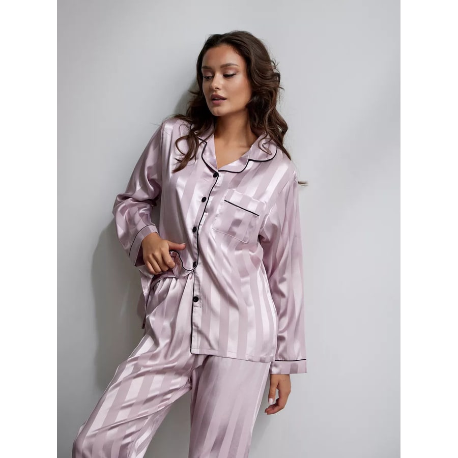 Women's Satin Pajama Set Long Sleeve with Striped Button-Down and Notched Lapel - Image 3