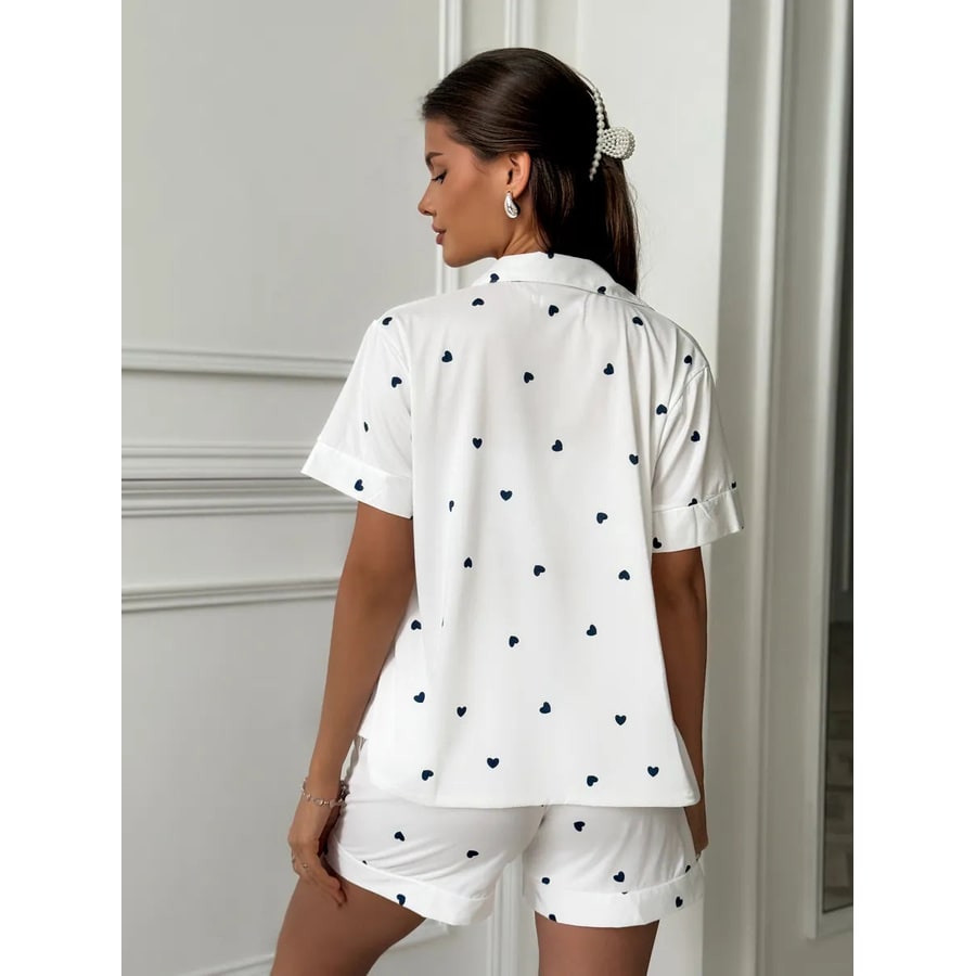 Women's Satin Pajama Set with Heart Print and Button-Down Shorts - Image 3